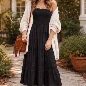 Zesica Black Smocked Lace Trim Boho Maxi Dress Romantic Cottagecore XL